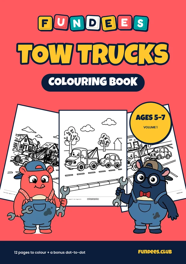 Tow Trucks coloring book cover, Ages 5–7, volume 1