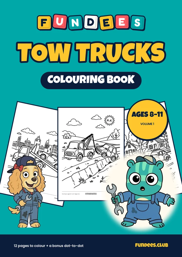 Tow Trucks coloring book cover, Ages 8–11, volume 1