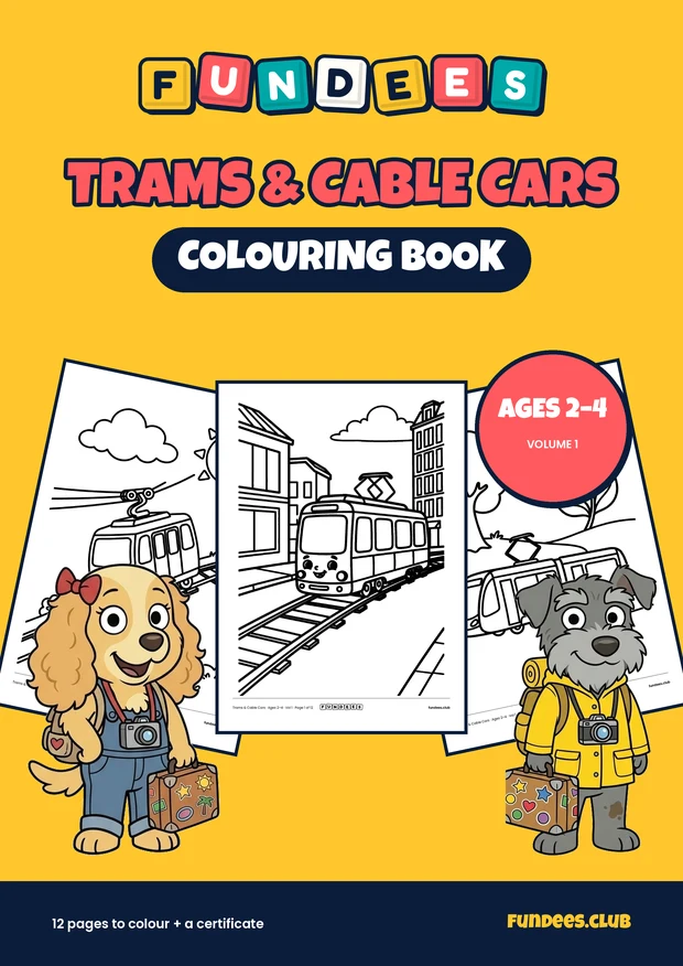 Trams & Cable Cars coloring book cover, Ages 2–4, volume 1