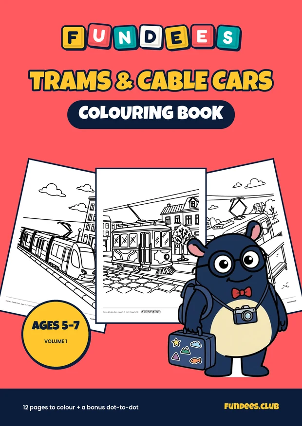 Trams & Cable Cars coloring book cover, Ages 5–7, volume 1