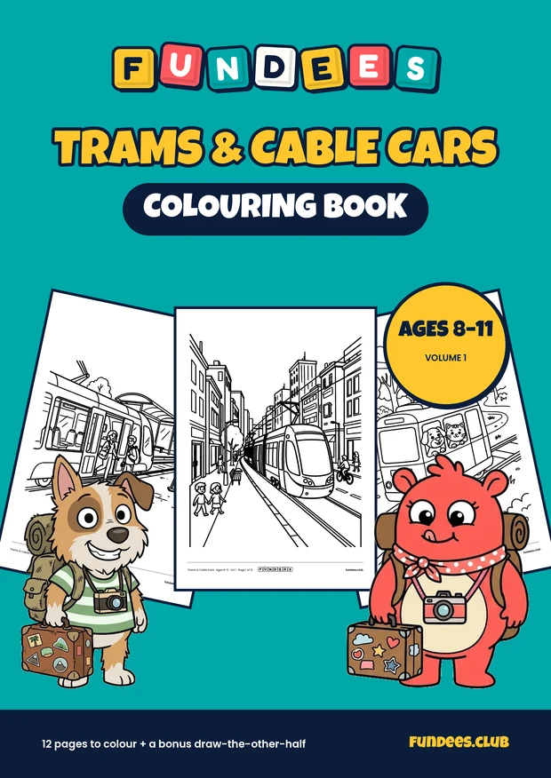Trams & Cable Cars coloring book cover, Ages 8–11, volume 1