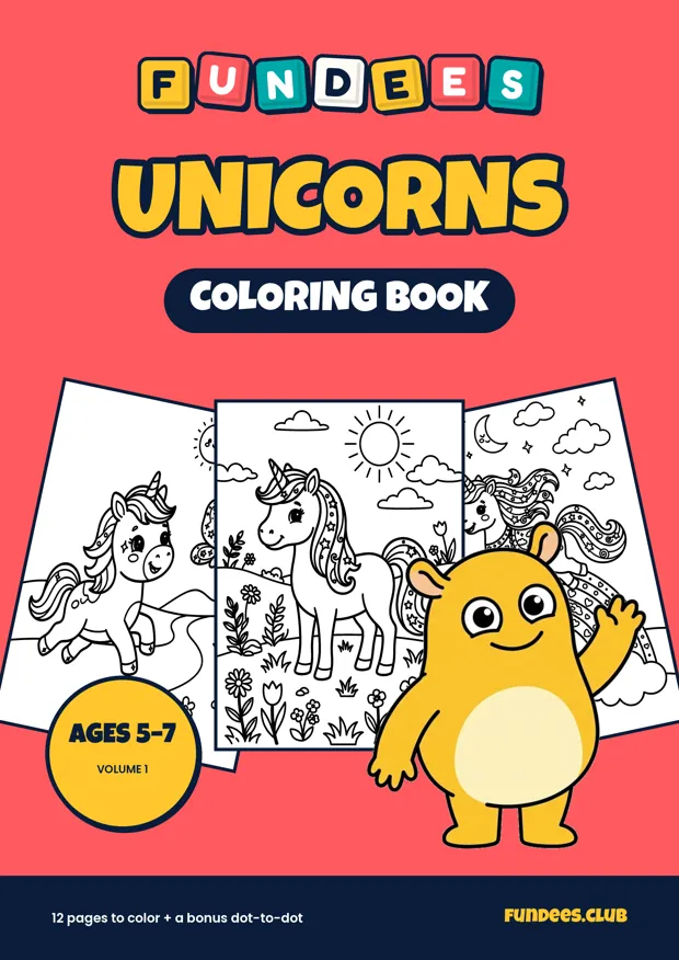 Unicorns coloring book cover, Ages 5–7, volume 1