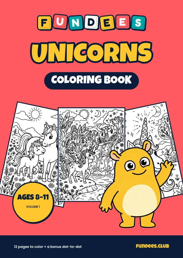 Unicorns coloring book cover, Ages 8–11, volume 1