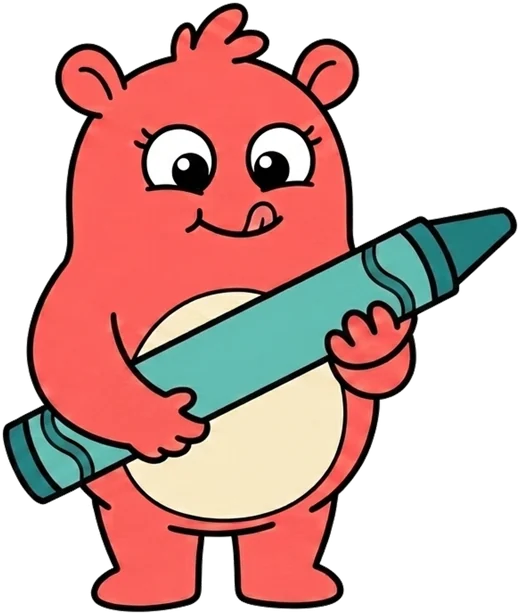 Dot, a coral Fundee, hugging a giant crayon