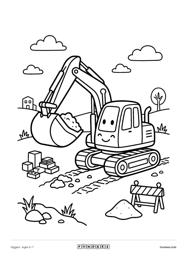 Printable coloring page of a friendly excavator on a building site