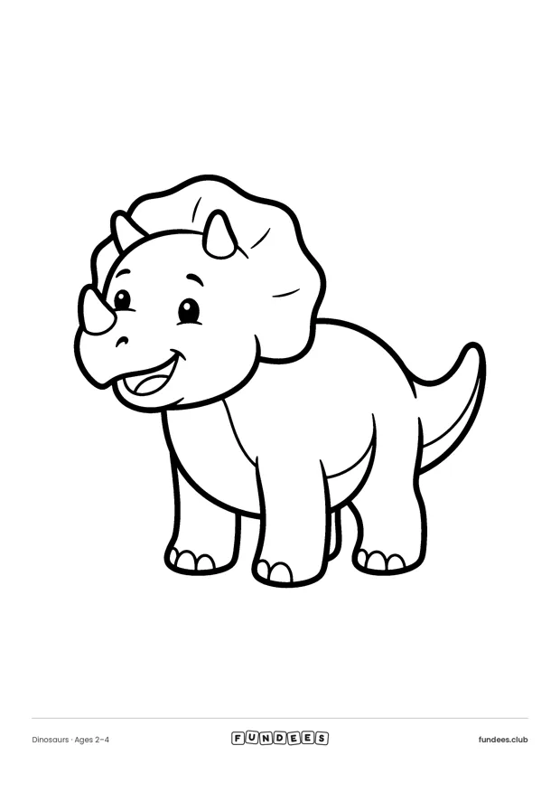 Printable coloring page of a smiling baby triceratops with thick outlines