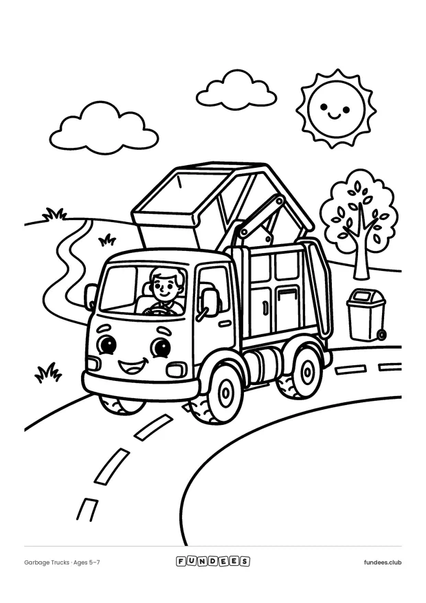 Printable coloring page of a cheerful garbage truck on a street