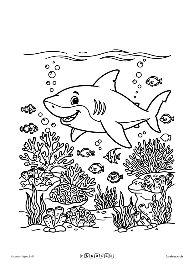 Printable coloring page of a shark swimming over a coral reef